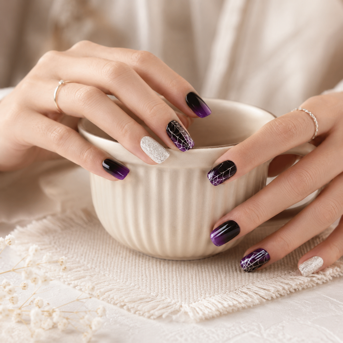 Semi-Cured Gel Nails - Halloween Web Glow🕸️💜